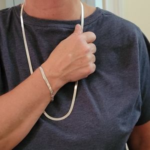 Italian Sterling Silver Herringbone Chain Necklace 30" and Bracelet 7.25"